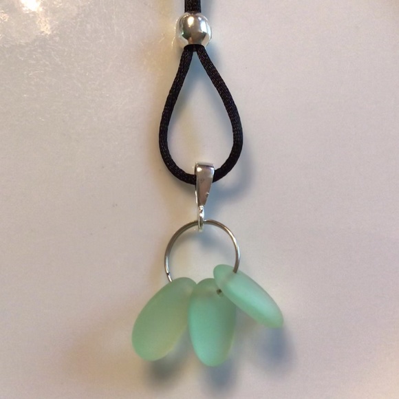 ARTISAN Sea Green Beach Glass Sterling Bail Necklace on Black Satin Cord - Picture 3 of 5
